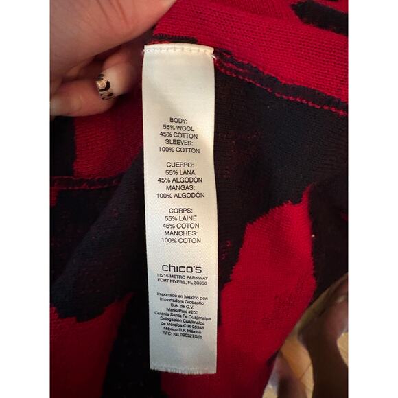 Chico's Womans Red & Black Open Cardigan Sweater Long Line Wool Cotton Knit - Picture 8 of 10